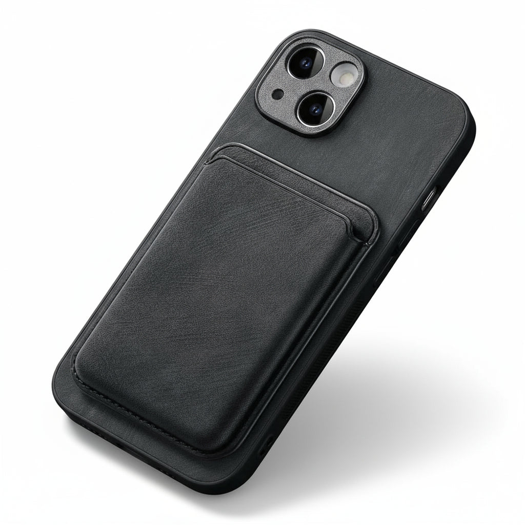 Black phone case with a card holder on a dark fabric background