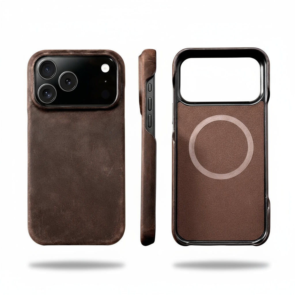 Brown leather phone case with magnetic design